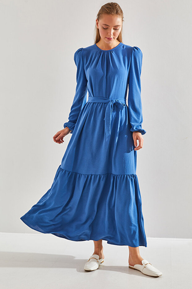 Women's Cobalt blue Modest Three-Layer Flared Ayrobin Fabric Hijab Dress 60151005