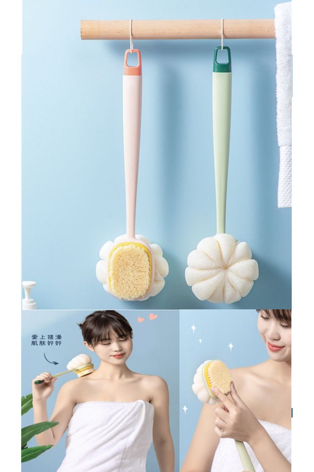 2in1 Shower Body Brush With Bristle And Loofah Long Handle Back Brush Relaxing Bathroom Washcloth Scrub