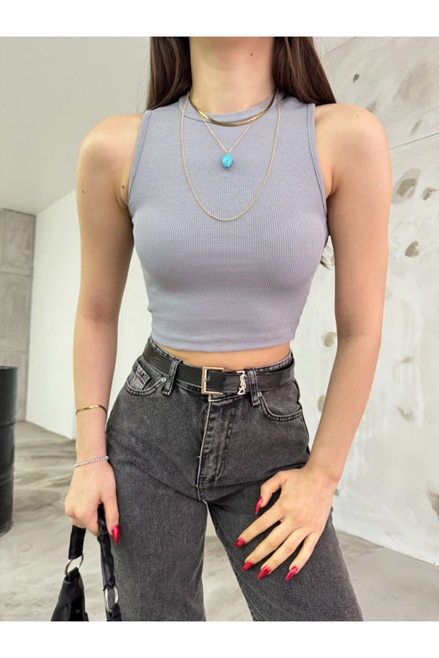 Women's Corded Crew Neck Back Window Detailed Fitted/Fitted Crop Top Blouse
