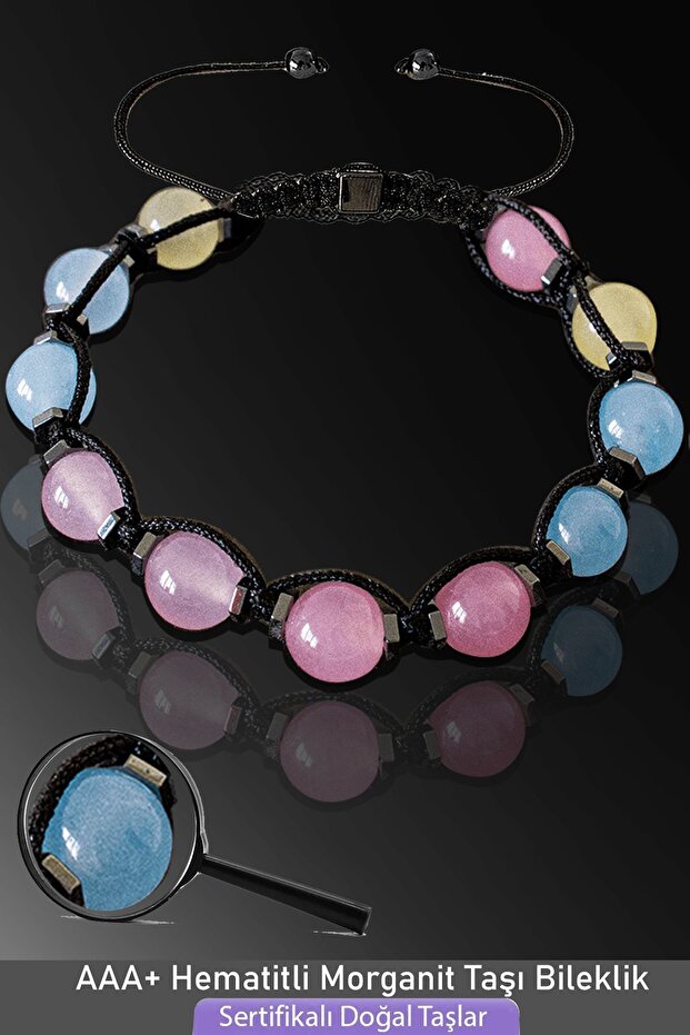 Certified Macrame Aquamarine Pink Quartz Morganite Stone Bracelet