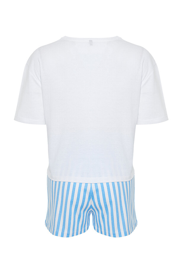 Kadın Couple/Çift Beyaz %100 Pamuklu Ayıcıklı Çizgili Şortlu Örme Pijama Takımı THMSS24PT00175 - 9