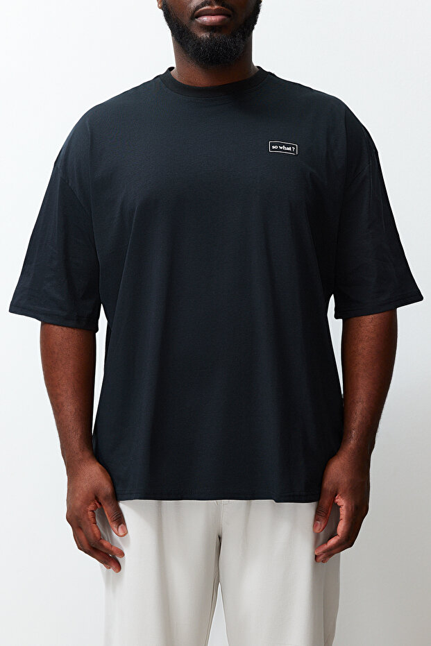 Büyük Beden Siyah Oversize Yazı Baskılı %100 Pamuklu T-shirt TMNSS24BF00031 - 5