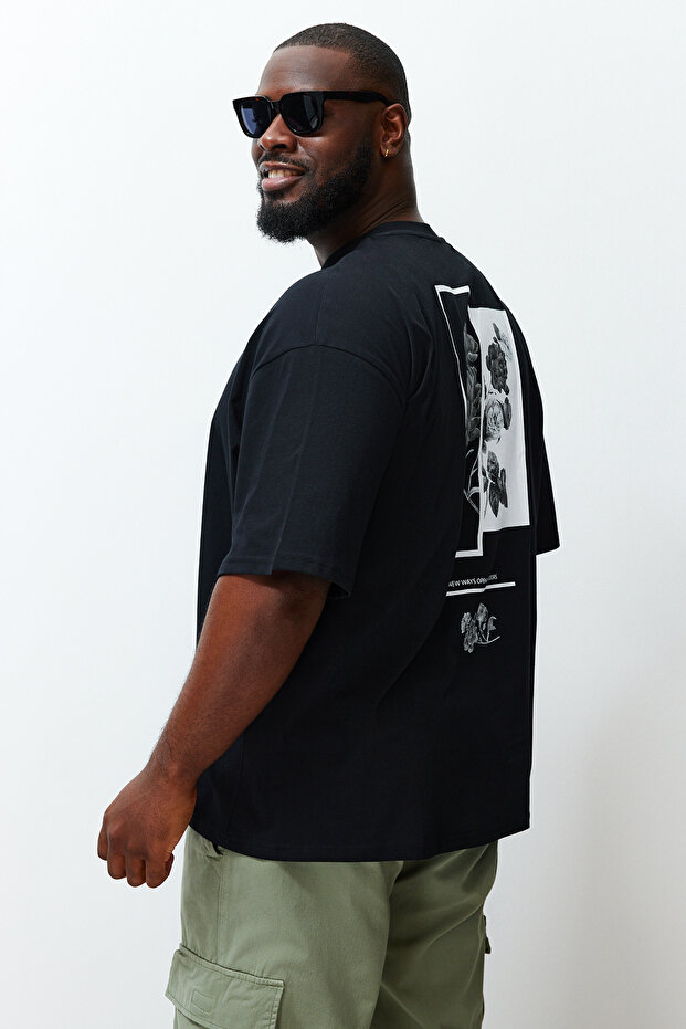 Siyah Büyük Beden Oversize/Geniş Kesim Rahat Çiçek Baskılı %100 Pamuklu T-Shirt TMNSS23TS00136 - 7