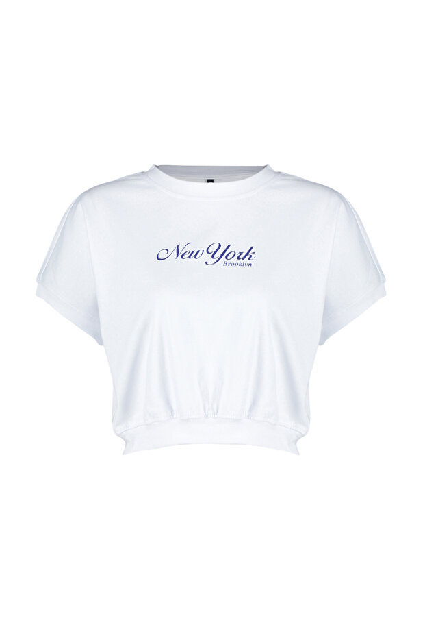 Beyaz %100 Kalın Pamuklu Slogan Baskılı Örme T-Shirt TWOSS24TS00013 - 7