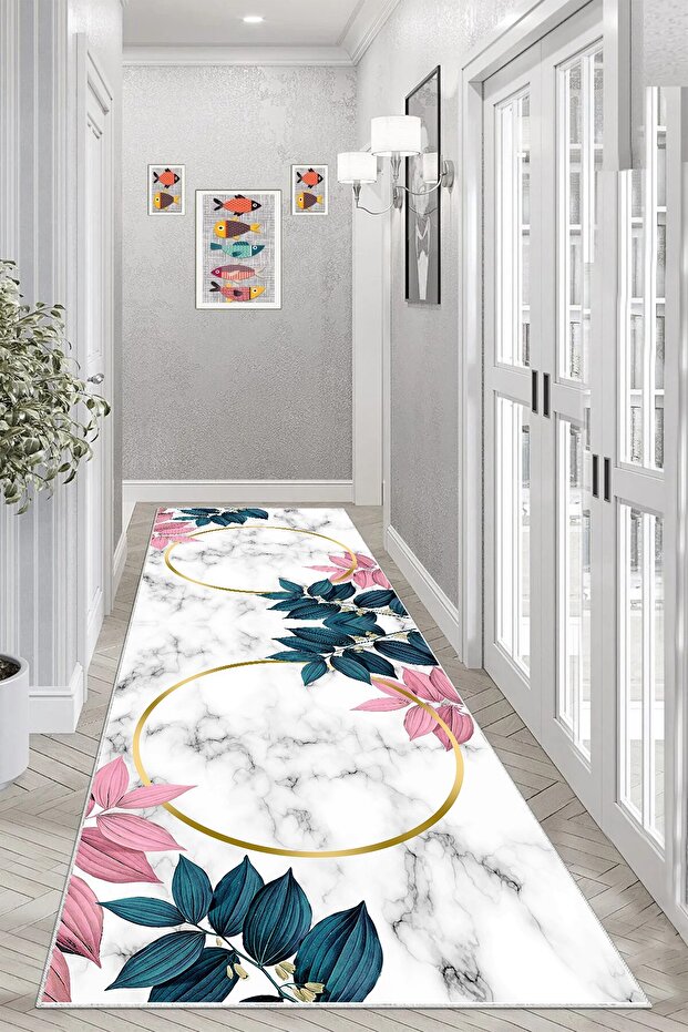 Digital Printed Leaf Marble Patterned Non-Slip Carpet and Runner - Washable Base - 5