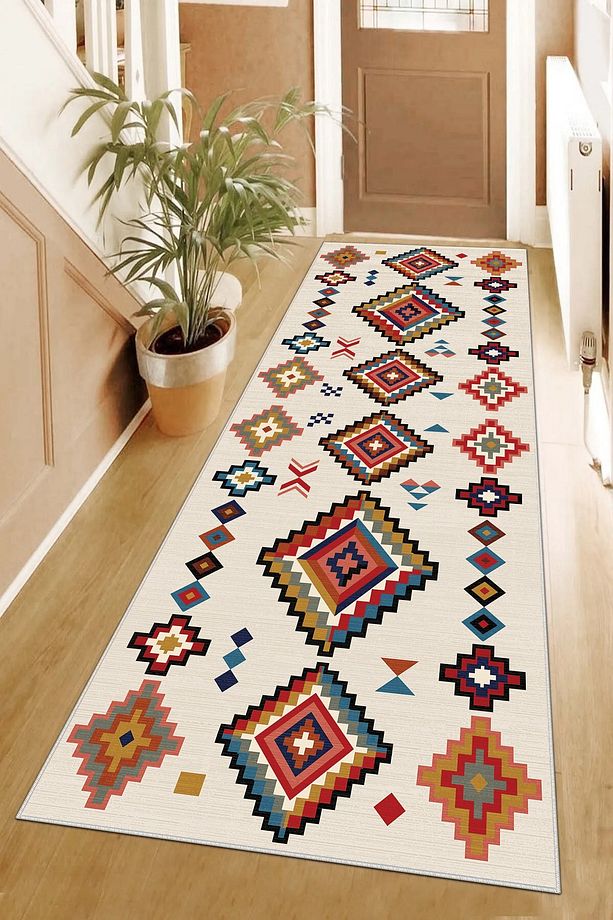 Kilim Desenli Etnik Dijital Baskı Yıkanabilir Kaymaz Taban Eskitme Salon Halı ve Yolluk - 3