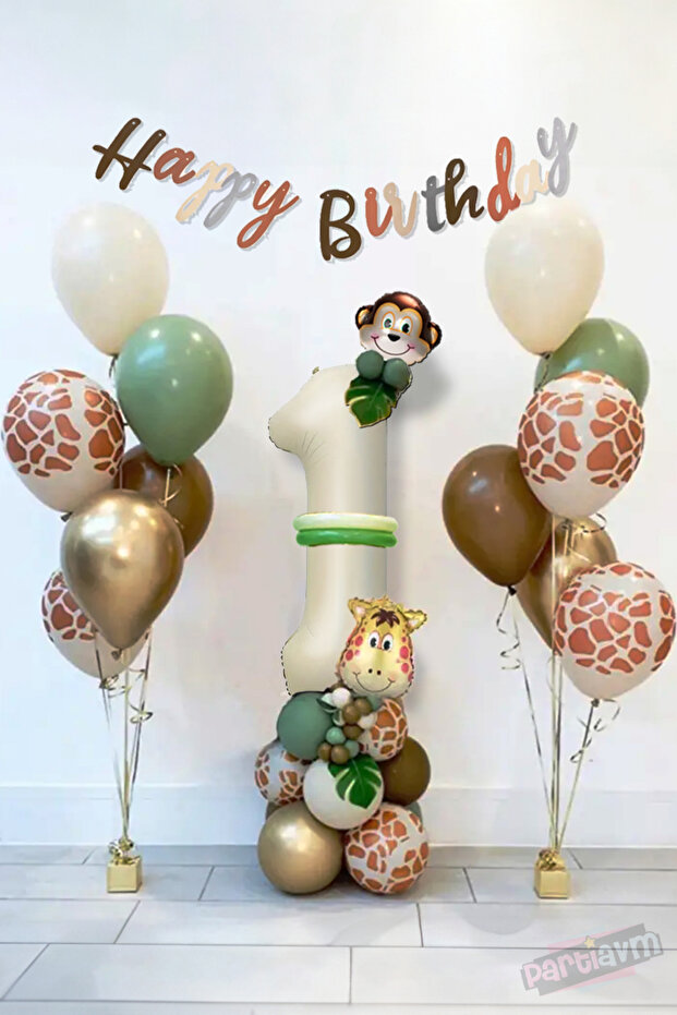 Retro Safari Theme Coffee Shades Balloon Set Forest Animals Giraffe Monkey Cream Number Foil Balloon