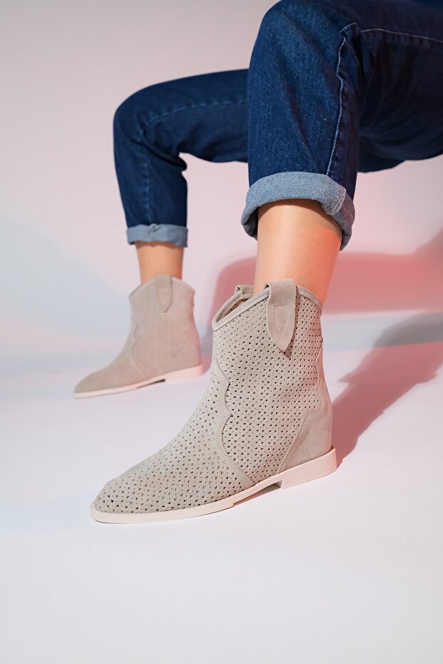 LOIVOS Beige Suede Genuine Leather Perforated Women's Hidden Heel Summer Boots