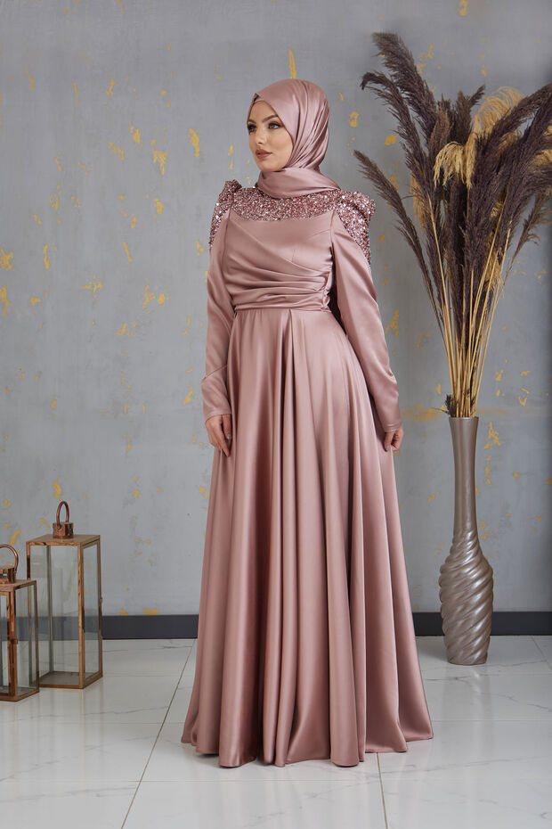 Front Sequin Bead Embroidered Bersu Hijab Evening Dress Mink