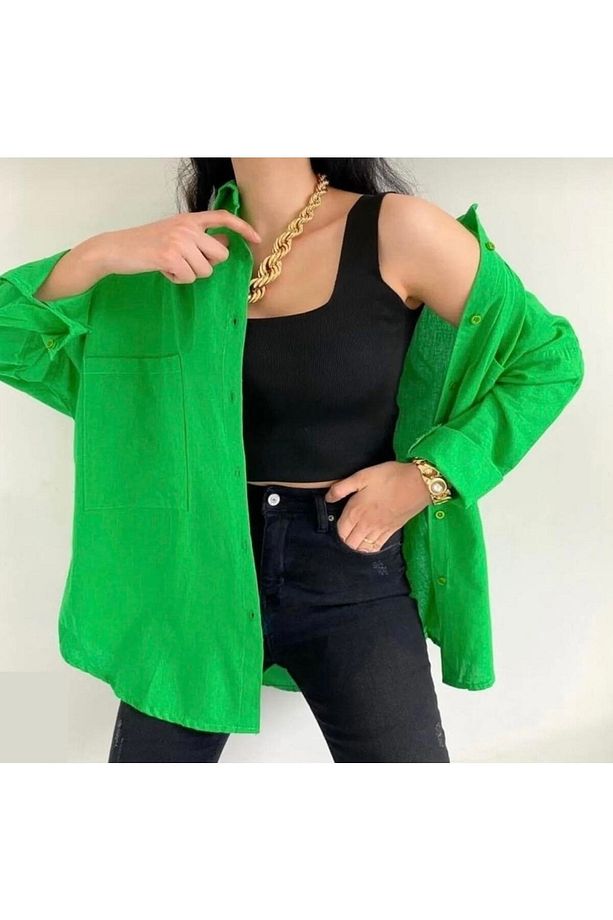 Kadın Çift Cepli Oversize Keten Dokuma %100 Pamuk Gömlek - 3