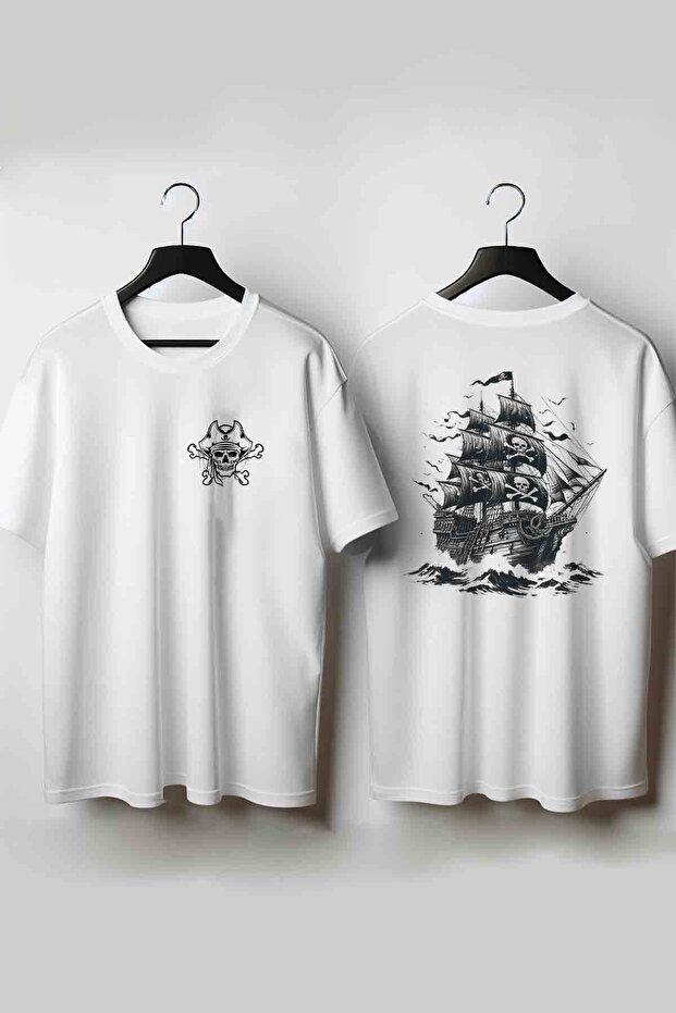Pirate Printed Printed White Oversize T-Shirt
