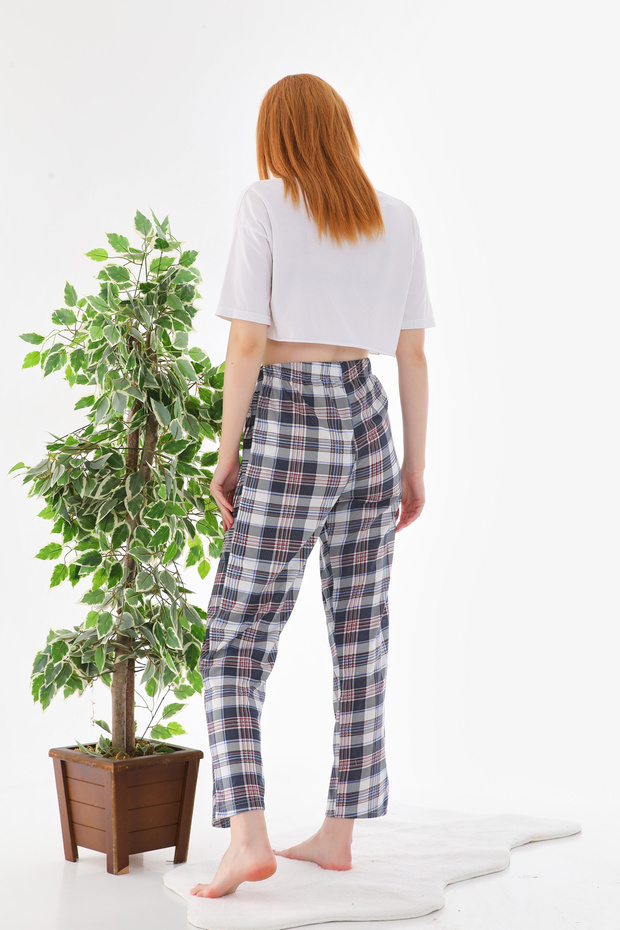 Plaid Printed Cotton Unisex Pajama Bottoms Blue Striped