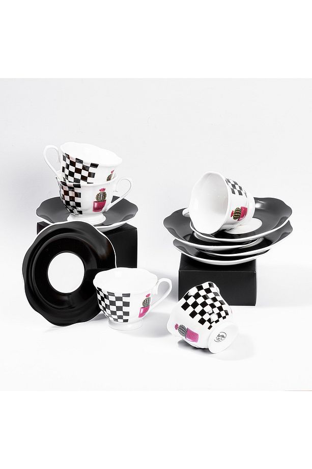 006-01-6LI WHITE AND BLACK NEW BONE KAHVE FİNCAN TAKIMI - 1