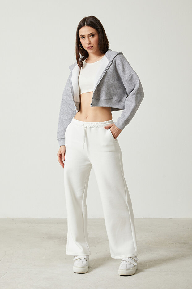 Kadın Basic Fermuarlı Kapüşonlu Crop Kalın İçi Polarlı Örme Sweatshirt - 3