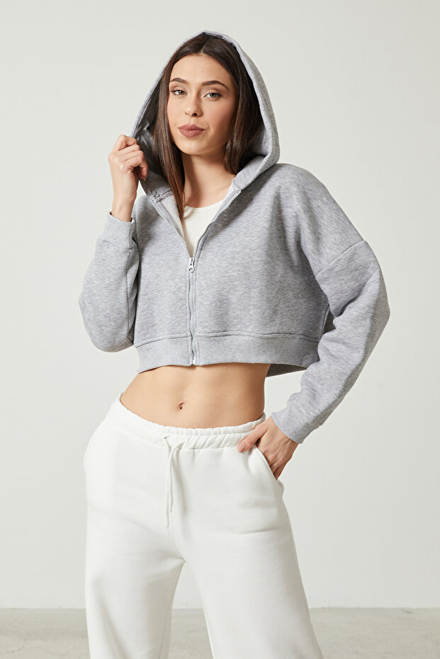 Kadın Basic Fermuarlı Kapüşonlu Crop Kalın İçi Polarlı Örme Sweatshirt - 2