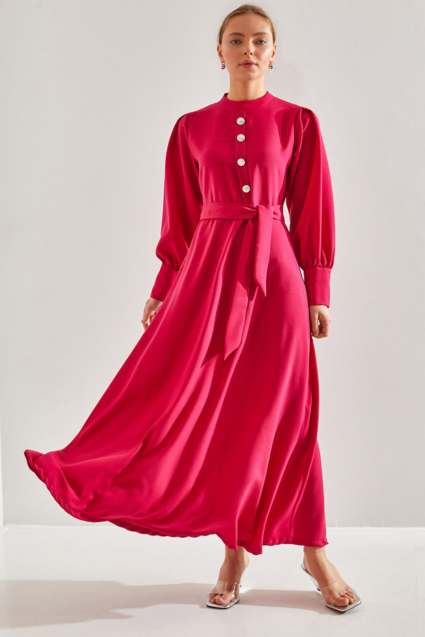 Women's Fuchsia Modest Dress with Stone Buttons on the Collar and Sleeves 60151011
