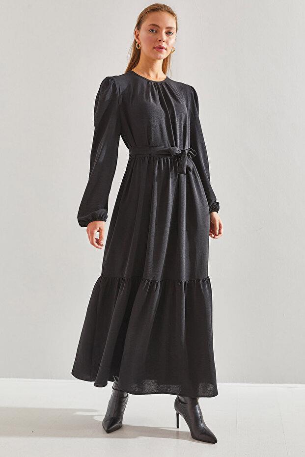 Women's Black Modest Three-Layer Flared Ayrobin Fabric Hijab Dress 60151005
