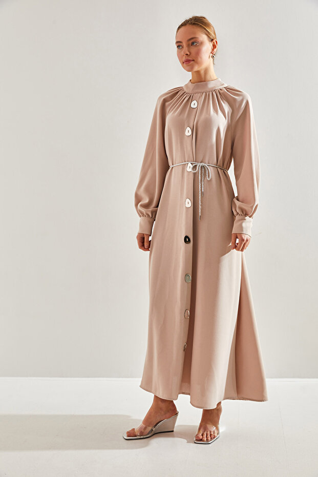Modest Kadın Önü Düğme Desenli Kuşaklı Tesettür Elbise 60151012 - 7