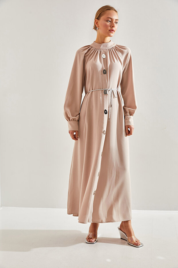 Modest Kadın Önü Düğme Desenli Kuşaklı Tesettür Elbise 60151012 - 4