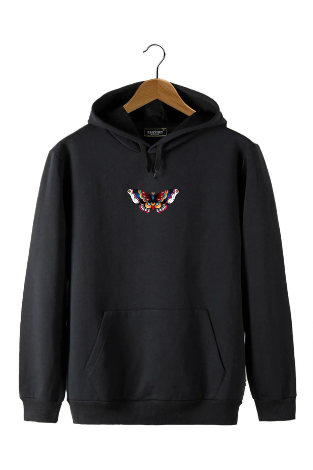 Unisex Hooded Front Butterfly Printed Slim Fit Kangaroo Pocket Sweatshirt