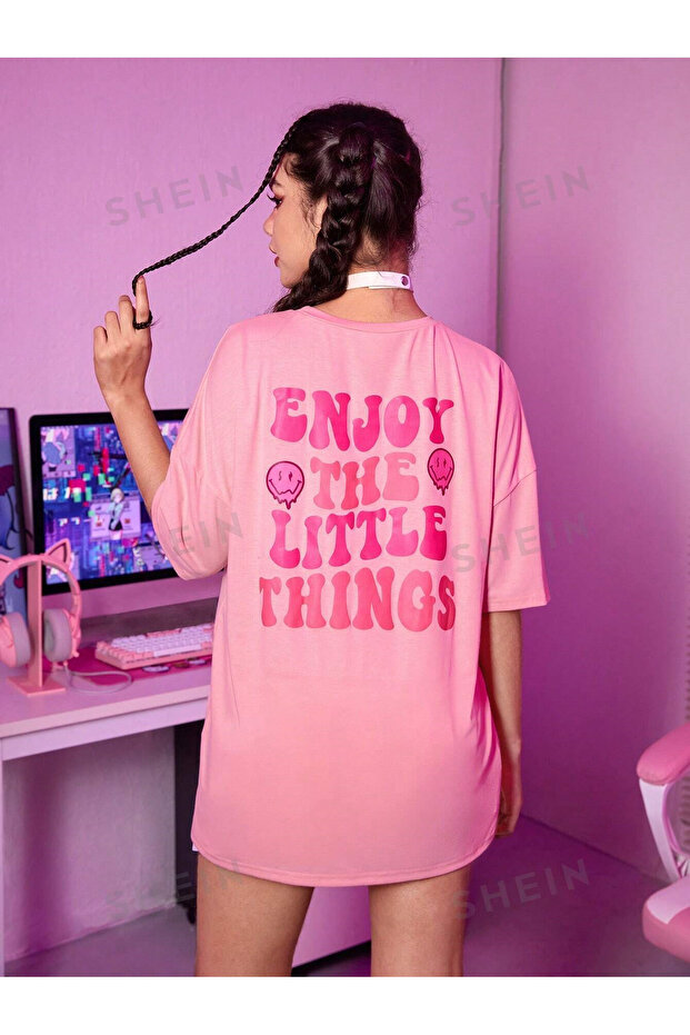 T-Shirt - Printed Oversize Crew Neck Short Sleeve Pink T-Shirt