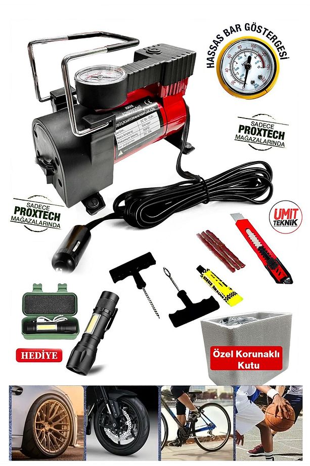 Combo Set Premium Pratik 12 V Araba Oto Araç Lastik Şişirme Pompası 160 Psi Metal Gövde Kompresör - 1