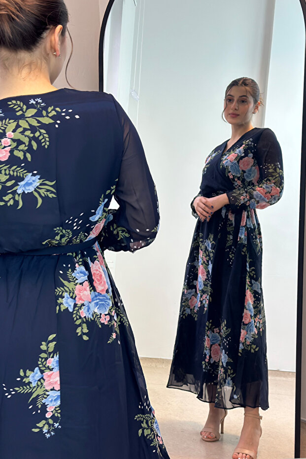 Navy Blue Floral Double Breasted Collar Plus Size Chiffon Dress