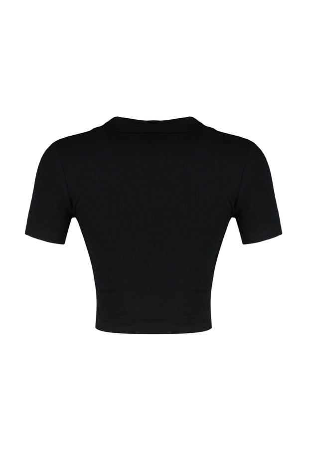 Siyah Fitted/Vücuda Oturan Crop Polo Yaka Fitilli Esnek Örme Bluz TWOSS21BZ0038 - 8