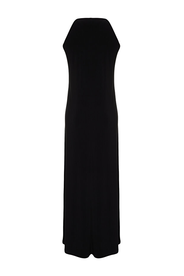 Siyah Soyut Halter Yaka A-line/Çan Açılan Esnek Maxi Örme Kalem Elbise TWOSS24EL00558 - 14