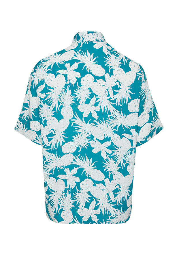 Mavi Unisex Oversize Fit Ananas Baskılı %100 Viskon Kısa Kollu Salaş Yazlık Gömlek TMNSS24GO00041 - 8