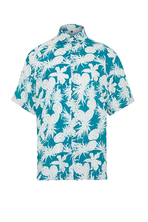 Mavi Unisex Oversize Fit Ananas Baskılı %100 Viskon Kısa Kollu Salaş Yazlık Gömlek TMNSS24GO00041 - 7