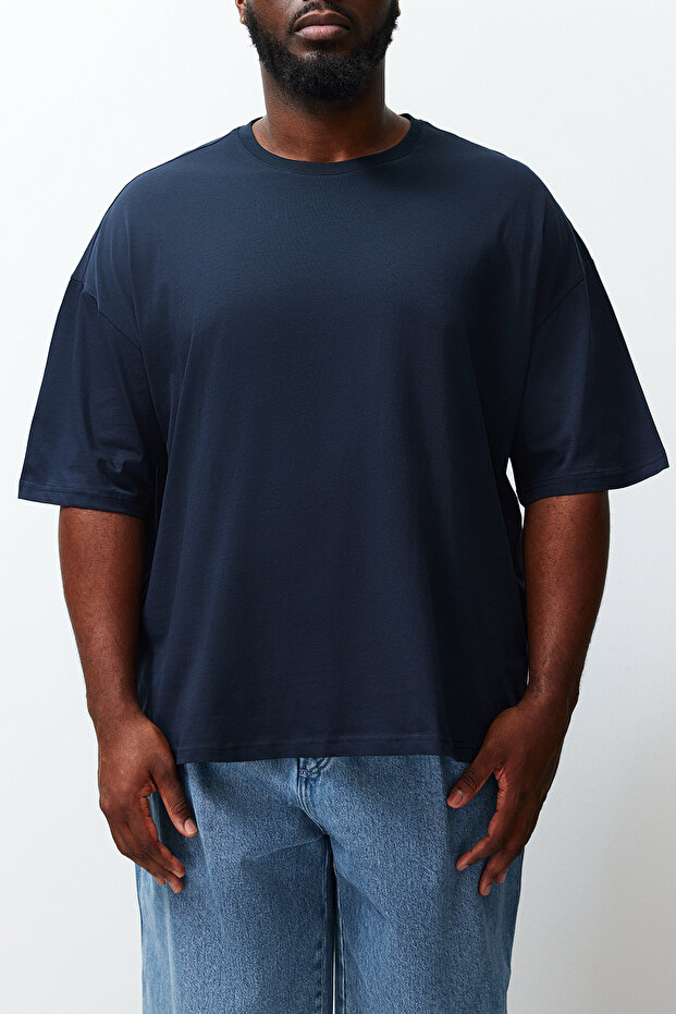 Büyük Beden Lacivert Oversize/Geniş Kesim %100 Pamuklu T-Shirt TMNSS23TS00139 - 4
