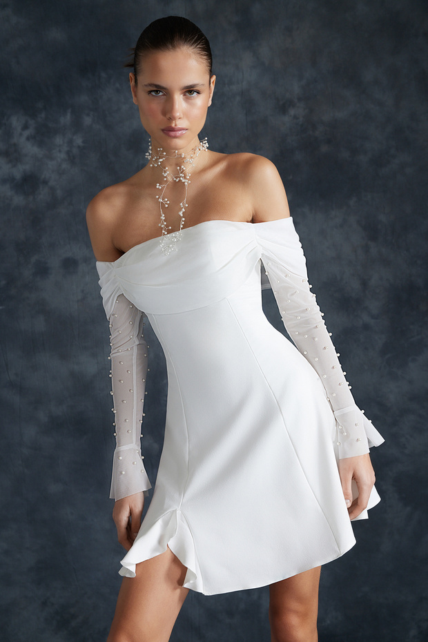 Bridal Beyaz A-Kesim Astarlı Dokuma Kısa Düğün/Nikah Abiye Gece Mezuniyet Elbisesi TPRSS24EL00117 - 6