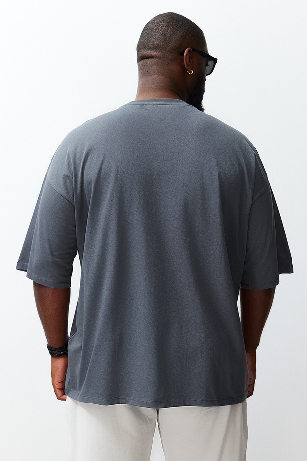 Büyük Beden Antrasit Oversize/Geniş Kesim %100 Pamuklu T-Shirt TMNSS23TS00139 - 6