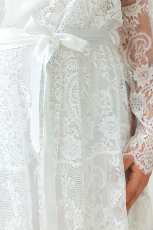 Beyaz Kuşaklı Dantel Örme Bridal Sabahlık TBBSS24SB00002 - 7