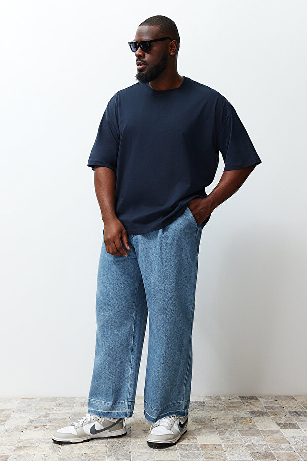 Büyük Beden Lacivert Oversize/Geniş Kesim %100 Pamuklu T-Shirt TMNSS23TS00139 - 2