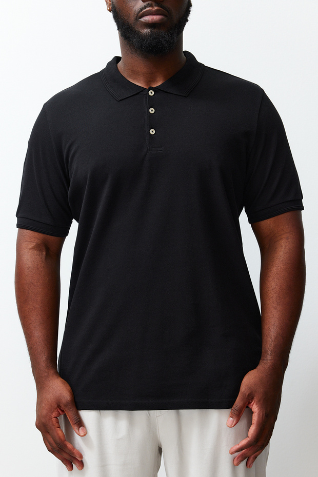Büyük Beden Siyah Regular/Normal Kesim Basic %100 Pamuklu Polo Yaka T-shirt TMNSS24BF00000 - 4
