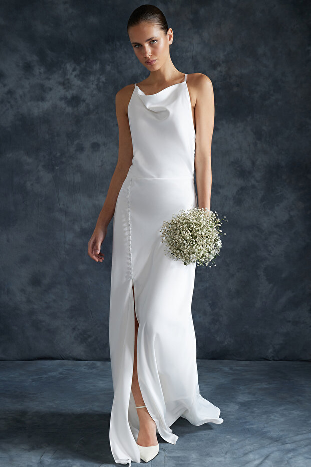 Bridal Beyaz Dokuma Saten Düğün/Nikah Uzun Gece Abiye Elbise TPRSS24AE00042 - 1