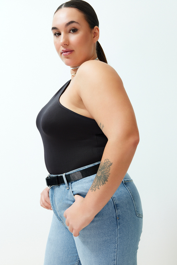 Siyah Asimetrik Yakalı Alttan Çıtçıtlı Örme Body TBBSS24AF00066 - 2