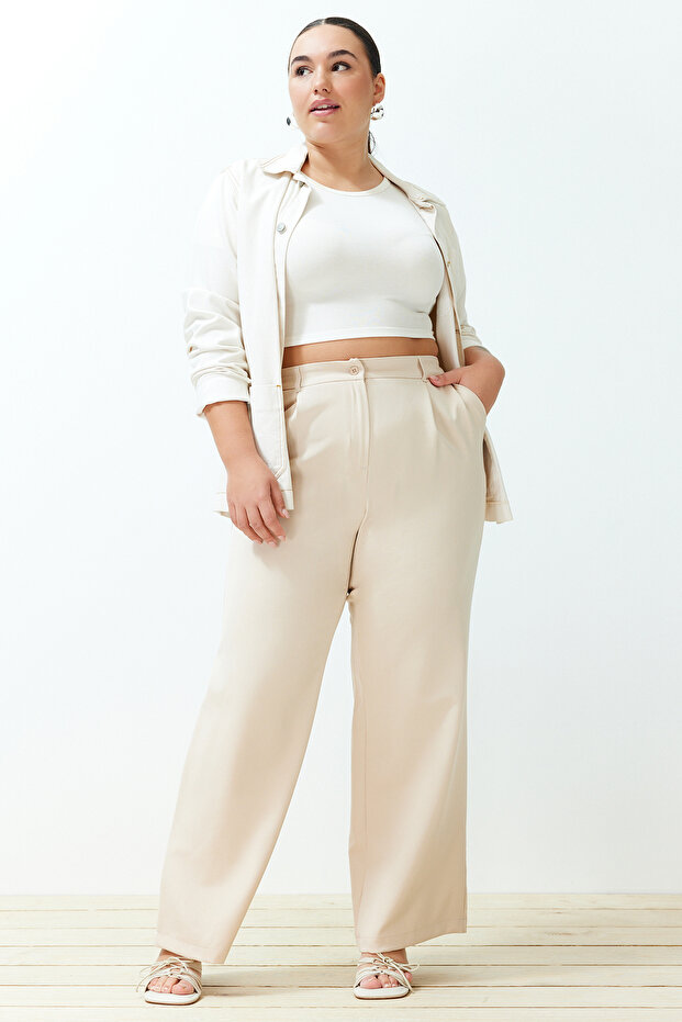 Taş Yüksek Bel Wide Leg Geniş Paça Pilili Dokuma Kumaş Pantolon TBBSS24AR00019 - 5