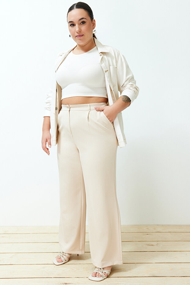 Taş Yüksek Bel Wide Leg Geniş Paça Pilili Dokuma Kumaş Pantolon TBBSS24AR00019 - 7