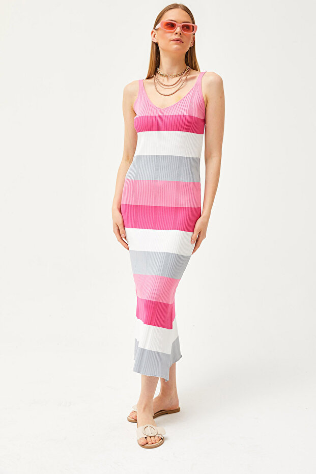 Women's Candy Pink Strap Striped Side Slit Knitwear Dress ELB-19002069