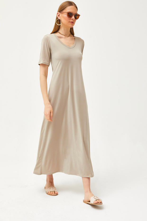 Women's Stone V-Neck Casual Maxi Dress ELB-19002076