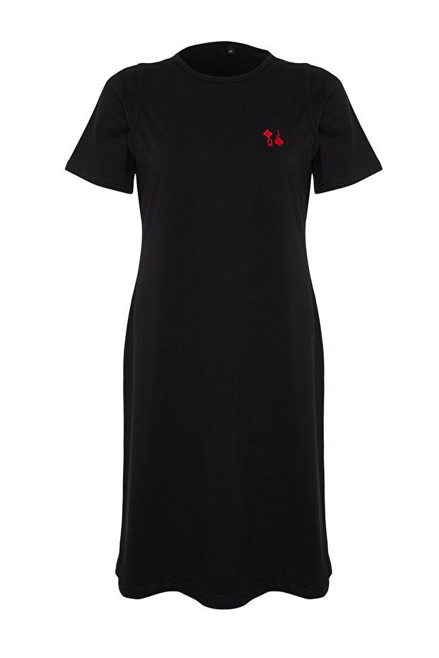Siyah Nakış Detaylı Örme Maxi/Uzun %100 Pamuk T-shirt Elbise TBBSS24AH00084 - 7