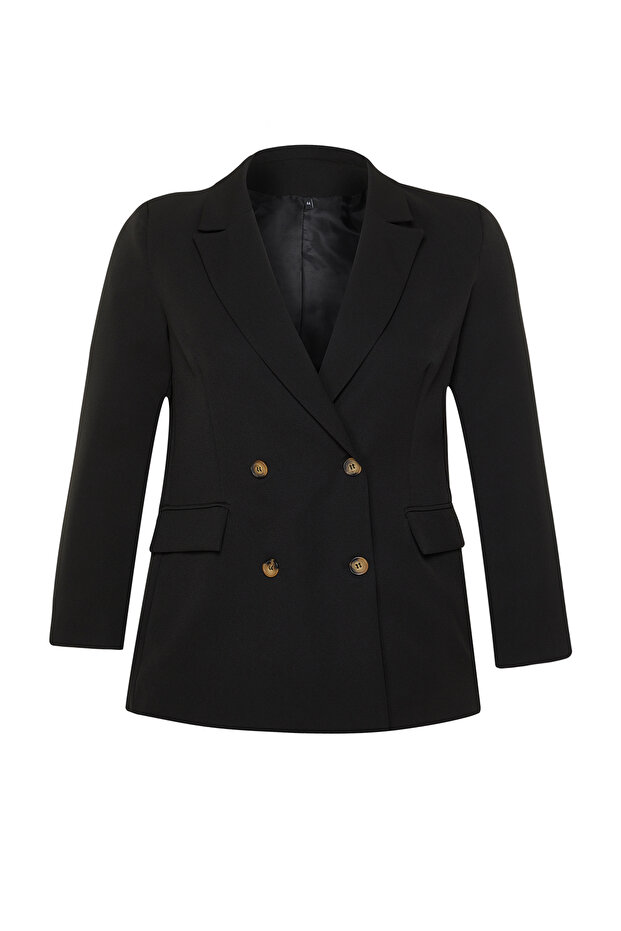 Siyah Oversize/Bol Kesim Astarlı Kruvaze Kapama Dokuma Blazer Ceket TBBSS24AG00002 - 8