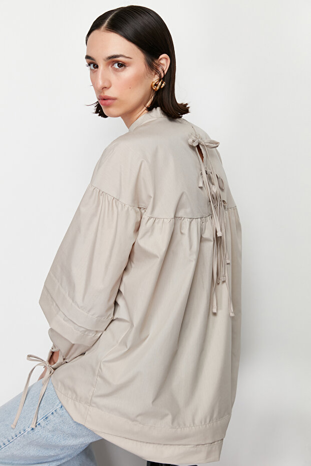 Stone Back Tie-Detail Cotton Woven Shirt TCTSS24UK00020
