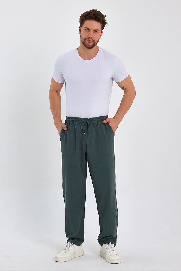 Erkek Koyu Yeşil Renk Basic Relaxed Fit Jogger Pantolon - 5