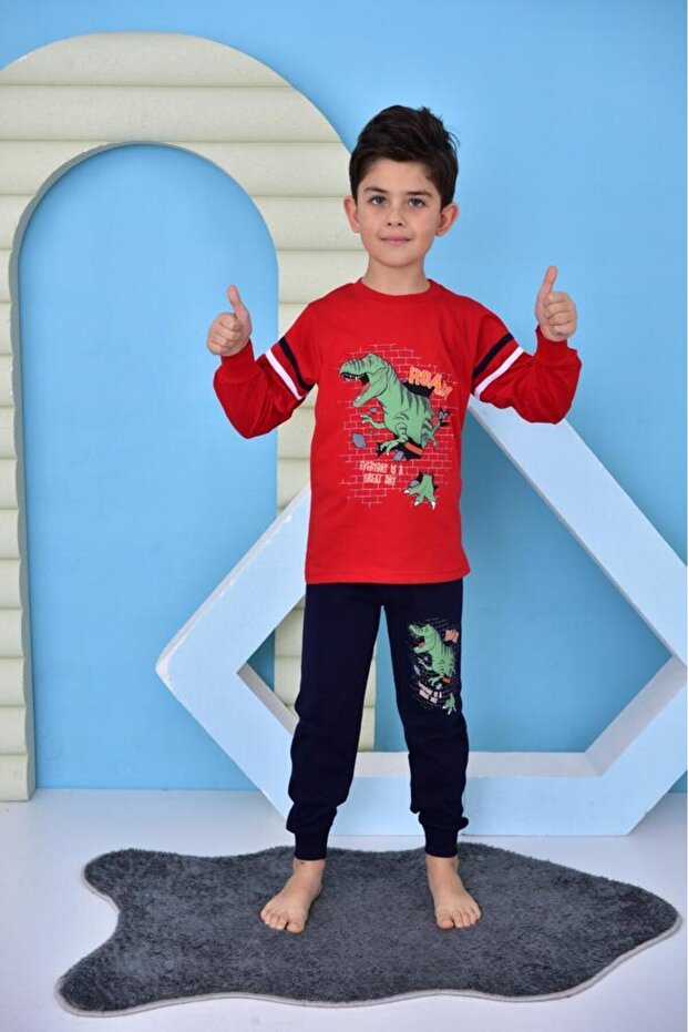 Long Sleeve Thin Dinosaur Printed Boys' Pajamas Set