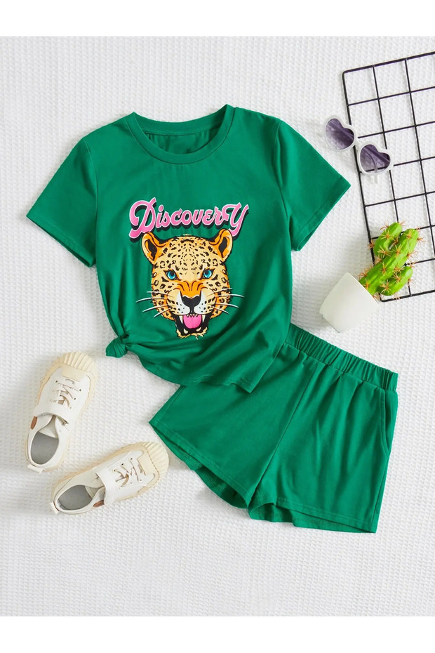 Tiger Printed green kids' top, bottom and shorts set