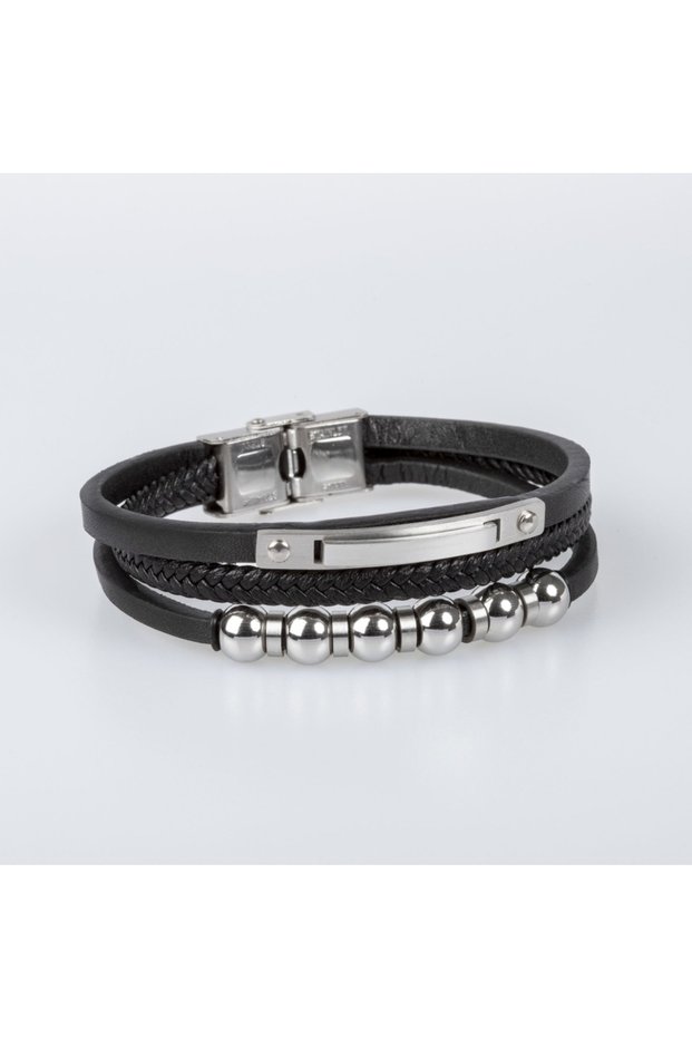 Black Genuine Leather Stainless Steel Men's Bracelet